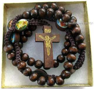 Brown Wood Rosary Beads Rosaries Wooden Cross Gift Box  