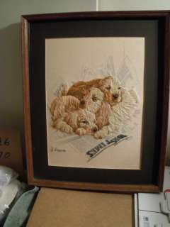 LARGE FRAMED READY TO HANG CREWEL PICTURE 3 PUPPY DOGS  
