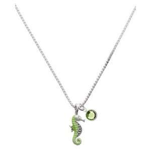   Seahorse Charm Necklace with Peridot Swarovski Crystal Drop [Jewelry