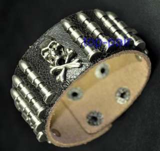 COOL SKULL BULLET Wide Leather Bracelet Wristband Black  