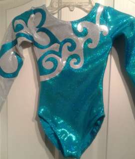 NEW GYMNASTICS LEOTARD CRAZY CURL TURQUOISE SILVER LONG SLEEVE GIRLS 