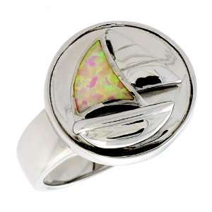  Sterling Silver, Synthetic Pink Opal Sail Boat Ring, 11/16 