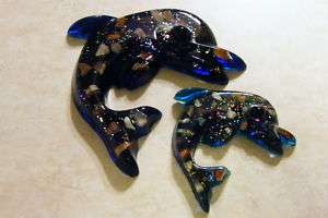 Vtg DOLPHINS WALL ART Blue Lucite Shells & Sparkles  