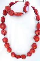 BIG NATURAL RED CORAL NECKLACE BRACELET EARRINGS ~ STERLING SILVER 