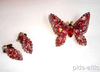 Vintage Signed WEISS Brooch Pin & Earrings Shades of PINK Rhinestone 