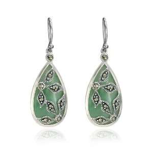   Silver Marcasite Flowers and Jade Tear Drop Wire Earrings Jewelry