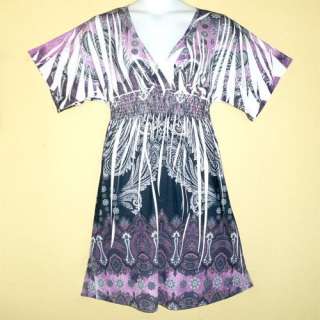 Plus Size 1X 2X 3X V Neck Kimono Short Sleeves Smocked Dress Purple 