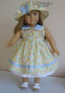 DOLL CLOTHES fits American Girl Yellow Blue Trim Butterflies Dress Hat 