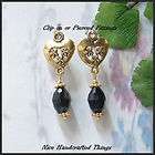 Petite golden valentine heart and Jet Black crystal earrings clip 