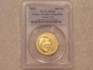 2003 CHINA PANDA 200 YUAN 999 GOLD 1/2oz COIN PCGS MS69  