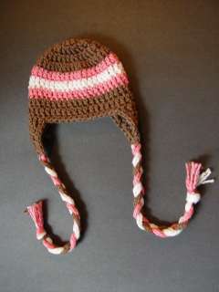   Beanie Ear Flap Hat Baby Girl Photography Prop Brown & Pink  
