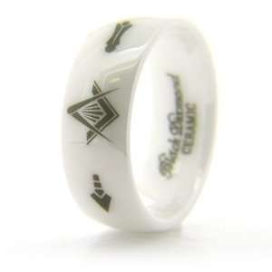   White Ceramic Masonic Ring Compass & Square, Plumb & Trowel Jewelry