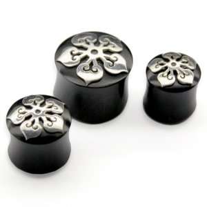 Black Horn Plugs with Silver Flower Detail   Gauge 14mm / 9/16