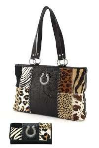 BLACK LEATHER WESTERN Zebra Leopard Handbag Wallet Set  