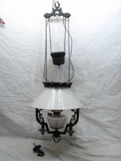 ANTIQUE CAST IRON WEIGHTED HANGING OIL LANTERN LAMP LIGHT SLANT MILK 