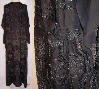 Vintage 1920s Art Deco Black Silk Beaded Flapper Dress Evening Gown 