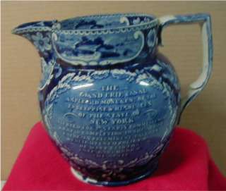 HISTORICAL BLUE STAFFORDSHIRE  ERIE CANAL INSCRIPTION PITCHER 7 IN 