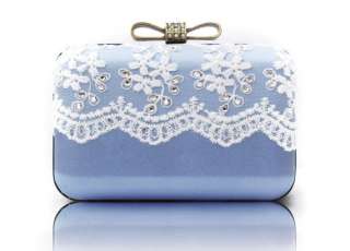 Bling Bling Party Clutch Light Blue White Lace Diamond Bow Wedding 