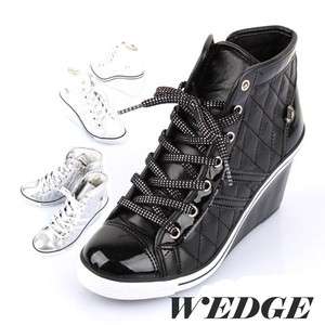 Womens GLOSSY LACE UP WEDGE HEEL SNEAKERS Shoes BLACK, WHITE, SILVER 
