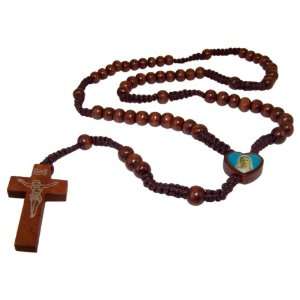 Rosenkranz Halskette mit 59 braunen Holzperlen, Heiligen Bildchen in 
