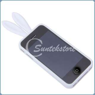   Rabbit Ear Rubber Case Cover + Tail Holder for iPhone 4 4S 4G White