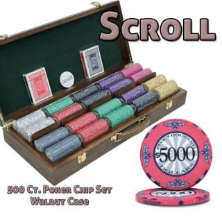 500 Scroll Walnut Wooden Case Ceramic Poker Chip Set  