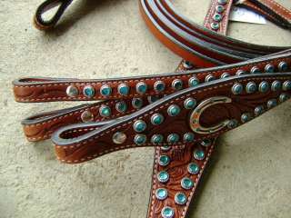 SWAROVSKI TURQUOISE CRYSTALS LEATHER WESTERN SHOW BRIDLE HEADSTALL 
