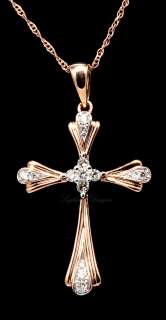 14K Rose Gold Diamond Cross Pendant Necklace w Chain  