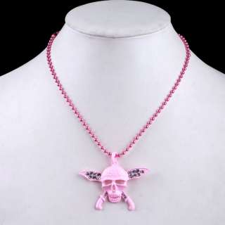 Pink Enamel Crystal Evil Skull Ball Chain Necklace 27L  