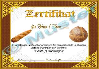 Urkunde Bester Bäcker Konditor Cafe Bäckerei Diplom  
