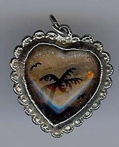 VINTAGE BUTTERFLY WING SCENIC GLASS HEART PENDANT  