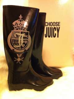JUICY COUTURE Slick Rain Boots BLACK W PINK LOGO sz 9  