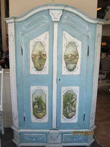 French Country Style Painted Armoire in Blue & White  