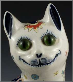 Beautiful Early French Galle Pottery Cat w/ Blown Glass Eyes  