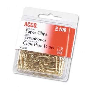  ACCO  Paper Clips, Wire, No. 2 (1 1/8), Gold Tone, 100 