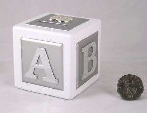 Silver plated & Wood MONEY BOX A B C baby christening gift  