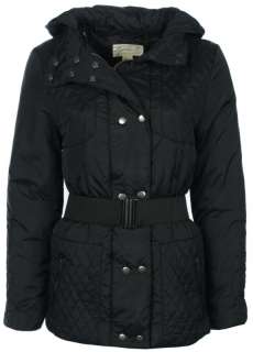 Womens Padded Quilted Hooded Jacket Ladies Belted Coat in Black Sizes 