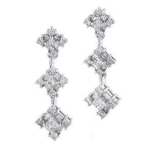   Carat. 14K White Gold Three Stone Style Diamond Drop Earrings Jewelry