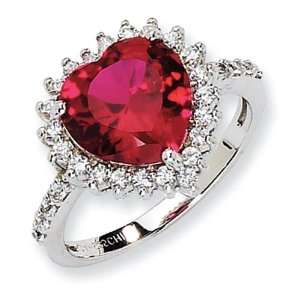    100 Facet Synthetic Ruby CZ Heart Ring in Sterling Silver Jewelry