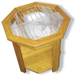 Solid Oak End Table with Etched Glass Duck Hunting Art Octagon  