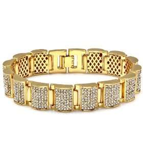 Gold Plated Micro Pave White CZ Cubic Zirconia Iced Mens Link Bracelet 