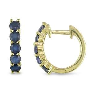 10K Yellow Gold Blue Sapphire Hoop Earrings, Jewelry 