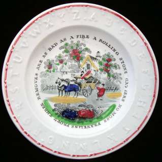 ANTIQUE ALPHABET PLATE ~ PROVERB ROLLING STONE 1850  