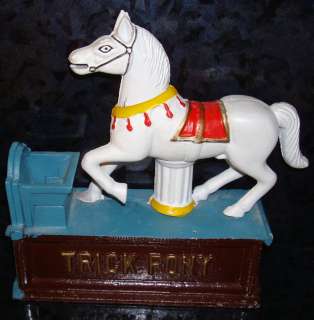 IRON BANK TRICK PONY Mechanical Vintage Coin Bank HORSE White Antique 