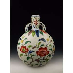 colored Porcelain Flat Moon Vase with Flower Pattern, Chinese Antique 