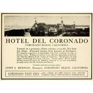 1915 Ad Hotel Del Coronado Beach California Recreation Tent City John 