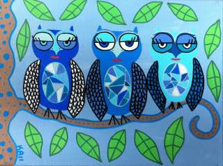 Ambrosino Primitive Folk Art Blue Owl Trio Print 8 X 10  