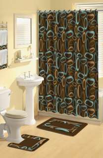   Brown Oval Rings 17 Pc Bath Rug Shower Curtains Hooks Towel Set  