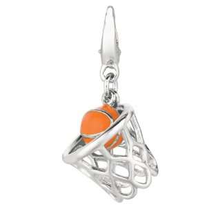  Sterling Silver 3D Basketball In Hoop Charm Jewelry
