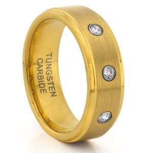  8MM Tungsten Carbide Brushed Gold Diamond CZ Mens Wedding Band Ring 